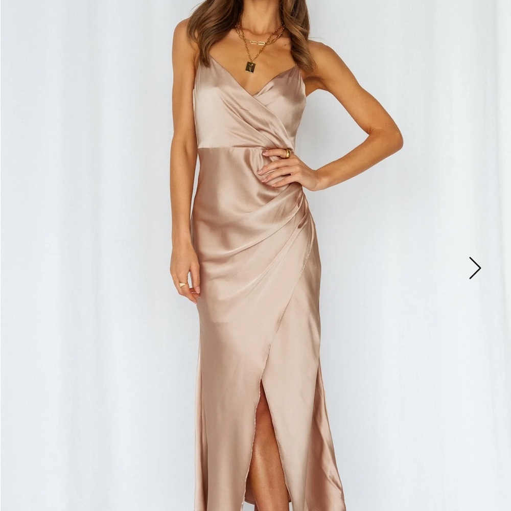 Champagne Ruched Maxi Dress with High Slit for Wedding Guest